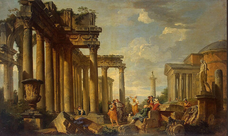 St Sibyl’s Sermon in Roman Ruins with the Statue of Apollo - Giovanni Paolo Panini, 1740–1750